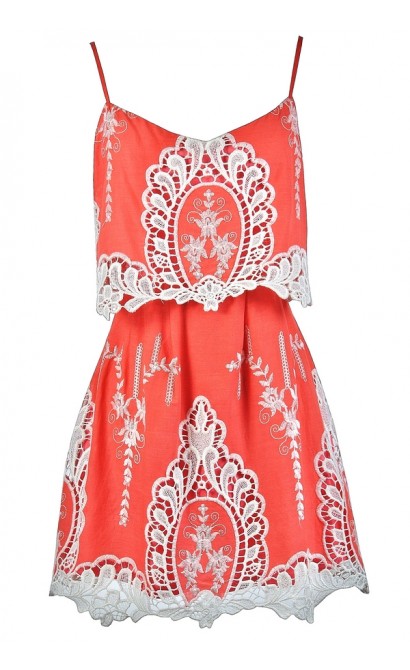 Cute Coral Dress, Coral Summer Dress, Coral and Beige Dress, Coral and Beige Embroidered Dress