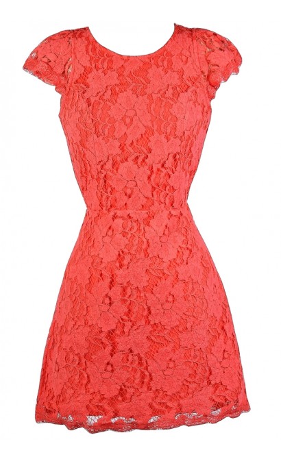 Coral Lace Dress, Coral Open Back Lace Dress, Coral Lace Cocktail Dress ...