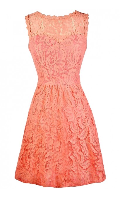 Cute Lace Dress, Coral Lace Bridesmaid Dress, Coral Bridesmaid Dress, Coral Lace A-Line Dress, Coral Lace Summer Dress, Coral Lace Party Dress, Coral Cocktail Dress