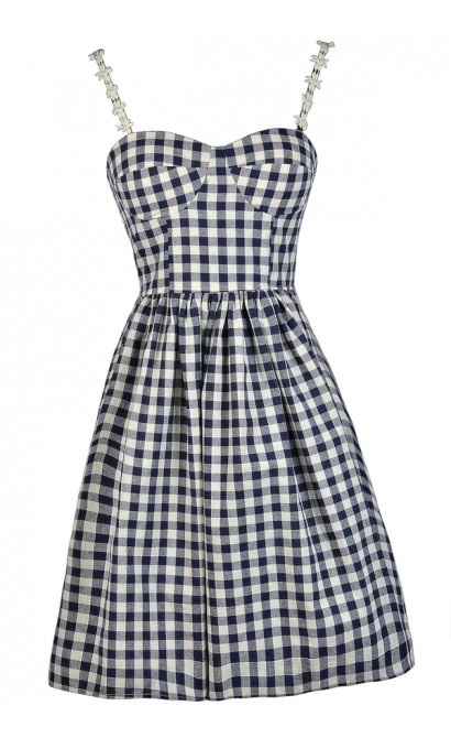 Gingham Pattern Dress, Navy Gingham Dress, Gingham Sundress, Gingham A-Line Dress, Gingham Party Dress, Navy and Beige Gingham Dress, Cute Summer Dress, Gingham Summer Dress