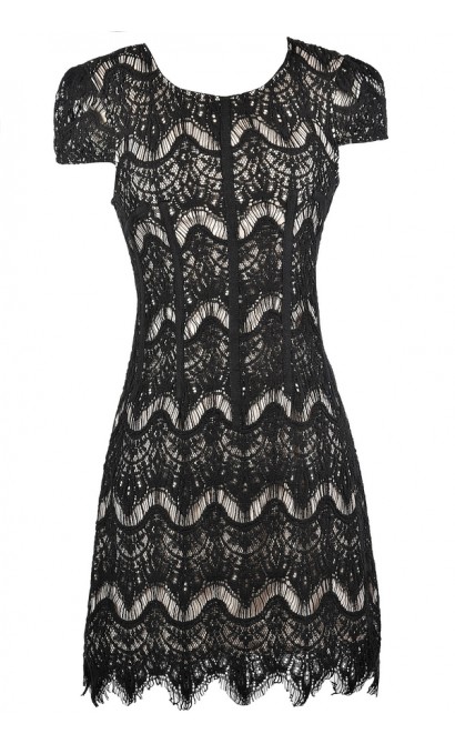 Black and Beige Lace Dress, Black Lace Capsleeve Dress, Black Lace ...