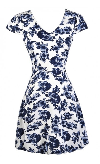 Blue and White Floral Print Dress, Blue and White Capsleeve Floral Dress, Blue and White Print Summer Dress, Blue and White A-line Dress, Blue and White Summer Dress, Cute Blue Dress, Blue Sundress