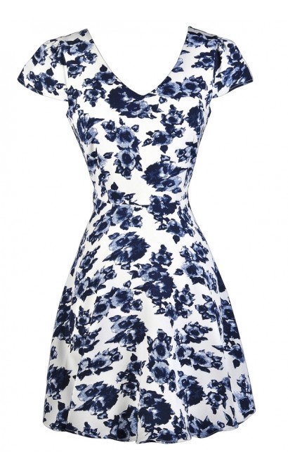 Blue and White Floral Print Sundress, Cute Blue Floral Dress, Blue and ...