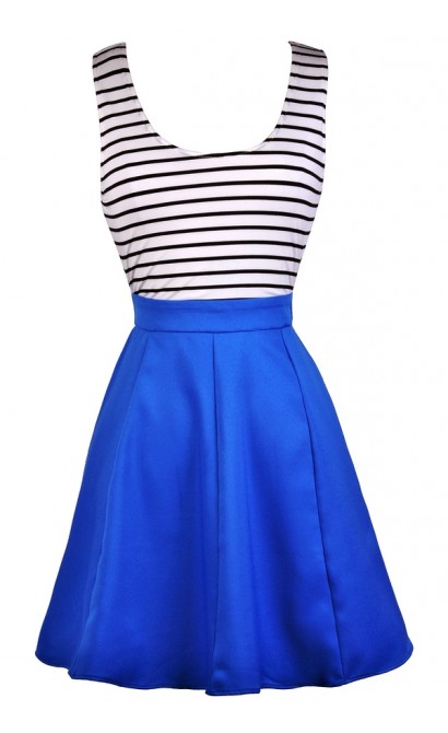 Cute Blue Dress, Blue Black and White Stripe Dress, Bright Blue Nautical Stripe Dress, Blue Stripe Open Back Dress, Blue Black and White Stripe Party Dress, Cute Summer Dress, Bright Blue Party Dress, Bright Blue Summer Dress, Bright Blue Sundress