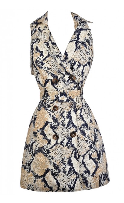 Python Print Dress, Snakeskin Print Dress, Navy and Beige Snake Print Dress, Snakeskin Trench Coat Dress, Navy and Beige Snake Print Dress, Navy and Beige Python Dress, Cute Animal Print Dress