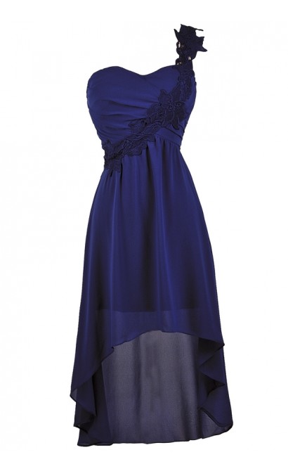 Blue One Shoulder High Low Dress, Crochet Royal Blue High Low Dress ...