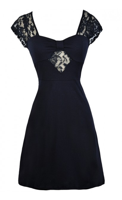 Cute Navy Dress, Navy Lace Dress, Navy Party Dress, Navy Summer Dress, Navy A-Line Summer Dress, Navy Lace Shoulder Dress