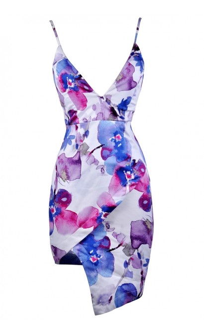 Purple Floral Print Party Dress, Cute Lovecat Dress, Lovecat Floral Print Dress, Purple and White Floral Print Summer Dress, Purple and White Watercolor Floral Dress, Purple and White Asymmetrical Hemline Dress, Purple and White Floral Print Cocktail Dres