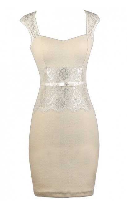 Lily Boutique Beige Lace Dress, Beige Lace Pencil Dress, Cute Beige Dress, Beige Rehearsal 
