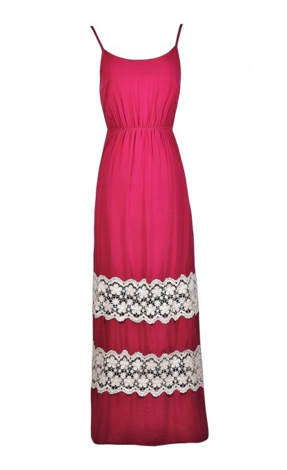 Hot Pink Crochet Lace Maxi Dress, Fuchsia Maxi Dress, Bright Pink Maxi Dress, Cute Summer maxi Dress, Pink Summer Maxi Dress, lace Trim Maxi Dress