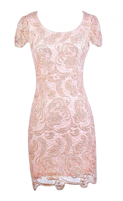 Pale Pink and Gold Capsleeve Lace Dress, Pink Crochet Lace Pencil Dress ...