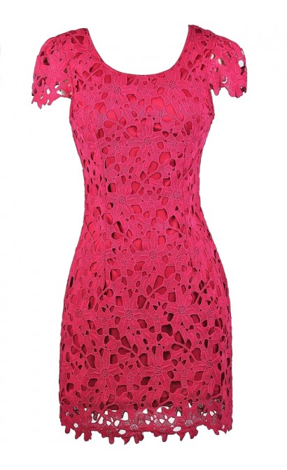 Hot Pink Capsleeve Lace Dress, Bright Pink Lace Pencil Dress, Hot Pink Lace Party Dress, Cute Fuchsia Lace Dress