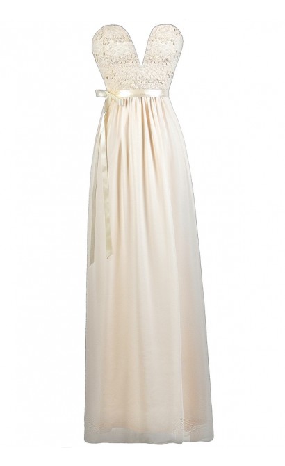 Beige Maxi Dress, Strapless Ivory Maxi Dress, Cute Rehearsal Dinner ...