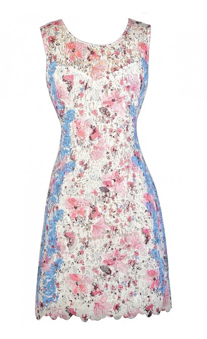 Pink and Blue Lace Dress, Pink Ivory and Blue Sheath Dress, Lace Sheath Dress, Cute Lace Dress