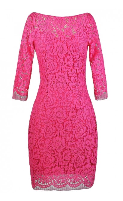 Hot Pink Dress, Hot Pink Lace Dress, Cute Lace Dress, Bright Pink Lace Party Dress, Pink Lace Bodycon Dress, Bright Pink Lace Cocktail Dress