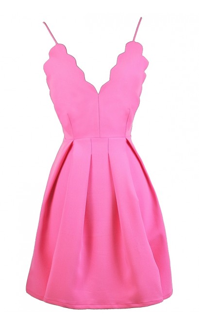 Hot Pink Party Dress, Bright Pink Sundress, Pink A-Line Dress, Pink Scalloped Dress, Bright Pink Sundress
