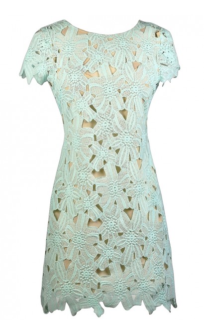 Mint and Beige Lace Dress, Cute Mint Dress, Mint Lace Sheath Dress, Mint Summer Dress, Mint Crochet Lace Dress