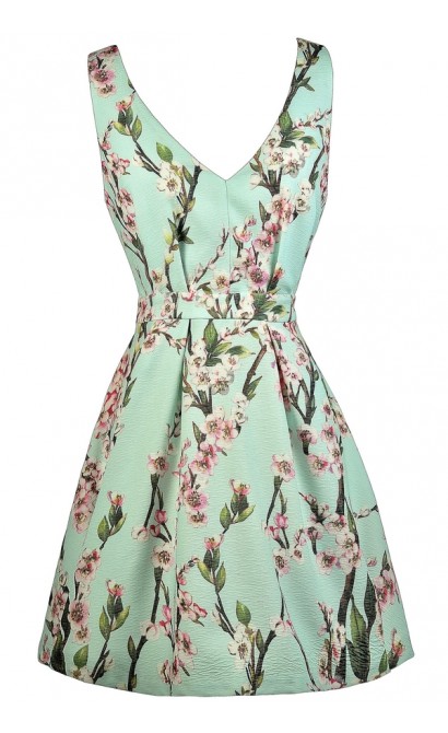 Printed Mint Dress, Mint A-Line Dress, Cherry Blossom Print Mint Dress, Cute Summer Dress, Printed Sundress