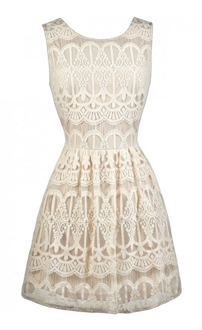 Cute Beige Dress, Beige Lace Dress, Beige Lace A-Line Dress, Beige Lace Sundress, Cute Summer Dress