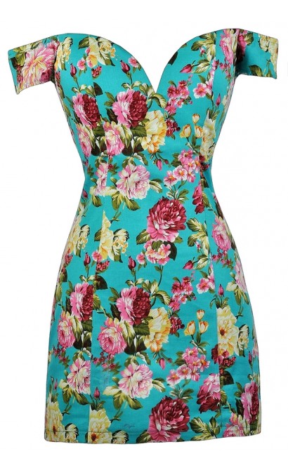 Teal Floral Print Dress, Teal Floral Off Shoulder Dress, Fitted Floral Print Dress, Cute Summer Dress