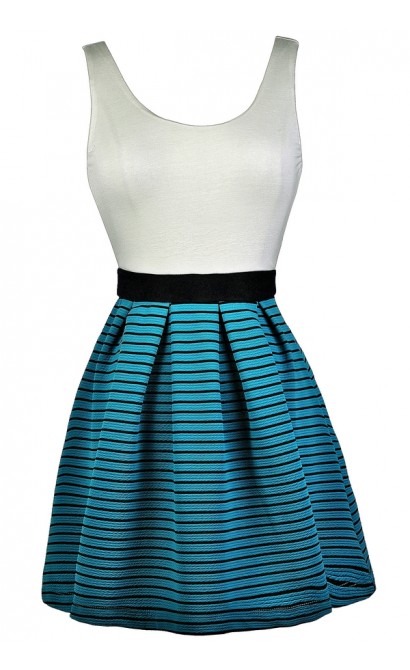 Teal Stripe A-Line Dress, Cute Teal Sundress, Teal Colorblock Dress, Nautical Stripe Dress