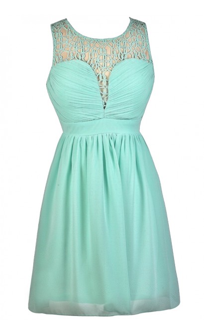 Mint A-Line Dress, Cute Mint Dress, Mint Party Dress, Mint Cocktail Dress, Mint Summer Dress, Mint Crochet Neckline Dress
