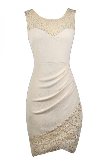 Cute Beige Dress, Beige Lace Dress, Beige Cocktail Dress, Beige Party Dress, Beige Lace Trim Dress