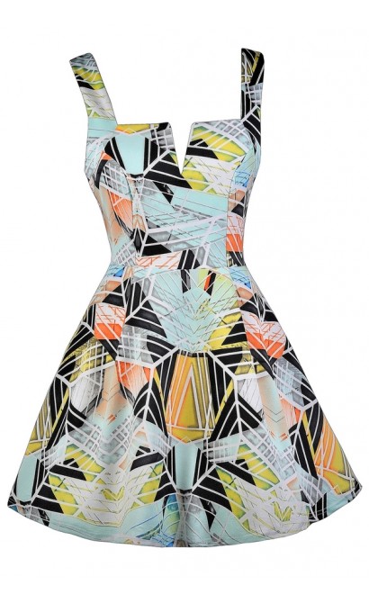 Cute Printed Dress, Graphic Print Dress, Line Print Dress, Printed A-Line Dress, Cute Party Dress