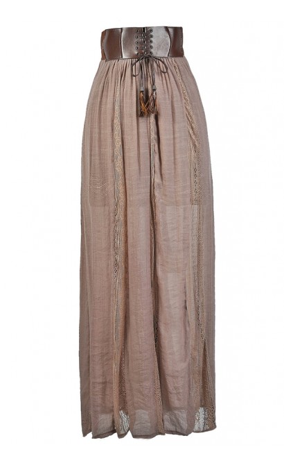 Mocha Maxi Skirt, Cute Maxi Skirt, Prairie Maxi Skirt, Leatherette Waist Maxi Skirt