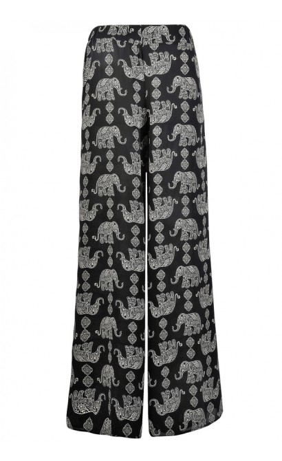 Elephant Print Palazzo Pants, Black and Beige Printed Palazzo Pants, Cute Palazzo Pants