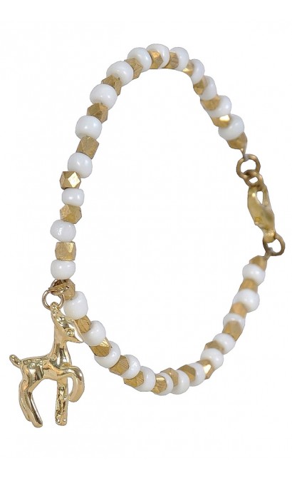 Gold Deer Charm Bracelet, Cute Jewelry, Gold and Off White Bracelet