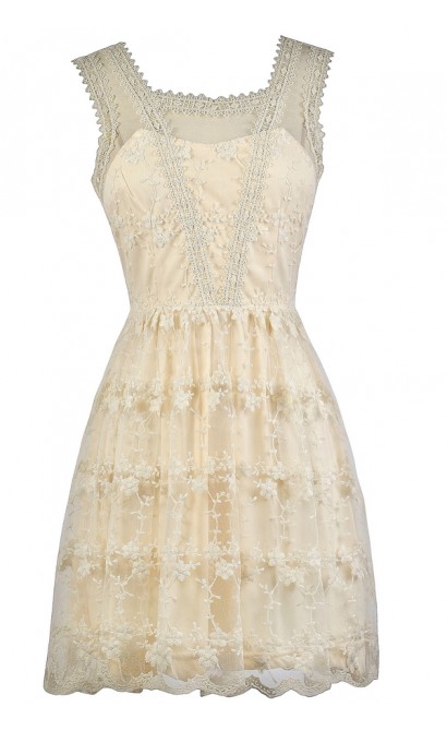Cream Embroidered Dress, Cute Cream Dress, Cream A-Line Dress, Cute Summer Dress