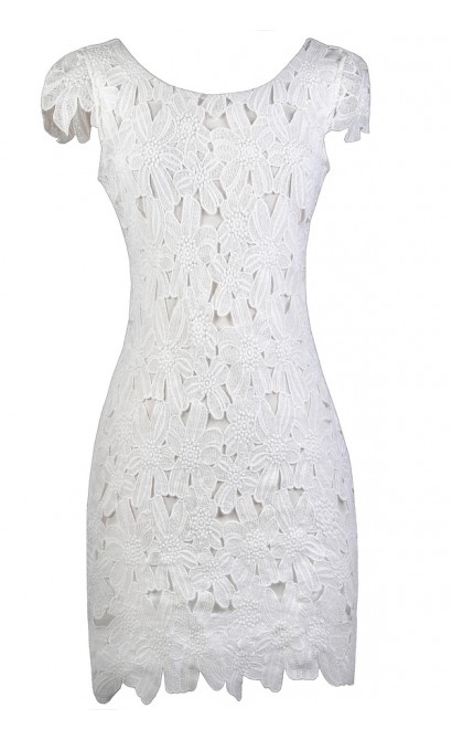 White Lace Pencil Dress, White Capsleeve Lace Dress, White Lace Rehearsal Dinner Dress, White Lace Bridal Shower Dress