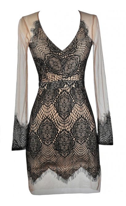 Black and Beige Mesh Lace Dress, Black Lace Fitted Dress, Lace Cocktail Dress, Lace Party Dress