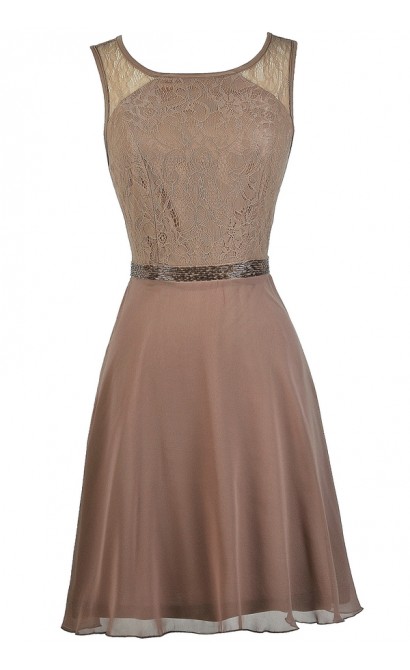 Mocha Bridesmaid Dress, Mocha Lace A-Line Dress, Cute Bridesmaid Dress, Mocha Party Dress, Brown Bridesmaid Dress