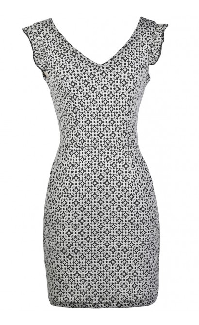 Cute Printed Dress, Black and Beige Pattern Dress, Black and Beige Sheath Dress, Cute Printed Dress