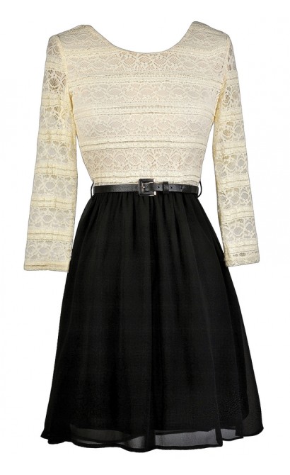Black and Beige Lace Dress, Cute Fall Dress, Black and Beige Belted Dress
