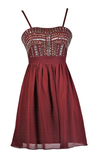 Burgundy Embellished Party Dress, Burgundy Stud Embellished Dress, Burgundy Cocktail Dress