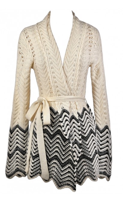 Black and Beige Chevron Sweater, Cute Winter Sweater, Black and Beige Cardigan Sweater