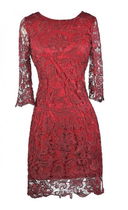 Burgundy Lace Sheath Dress, Cute Holiday Dress, Burgundy Lace ...