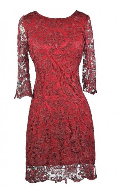 Burgundy lace Sheath Dress, Cute Holiday Dress, Burgundy Lace Bridesmaid Dress