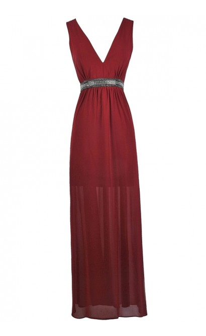 Burgundy Embellished Maxi Dress, Burgundy Red Prom Dress, Beaded Burgundy Red Formal Dress