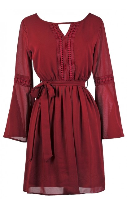 Cute Burgundy Dress, Cute Fall Dress, Burgundy Bell Sleeve Hippie Dress