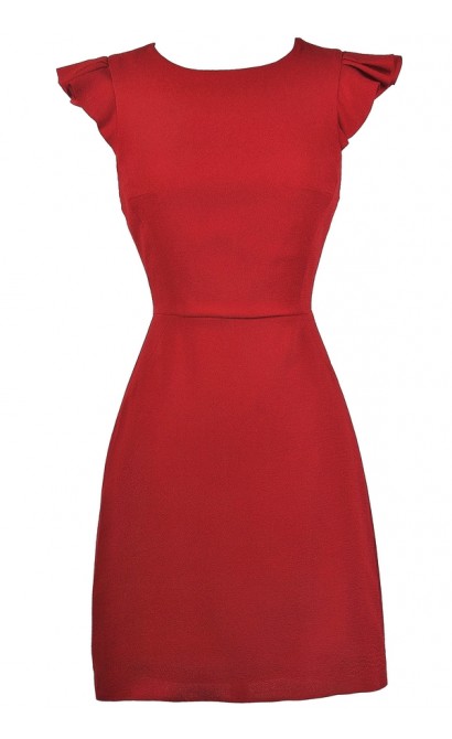 Red Sheath Dress, Red Party Dress, Red Cocktail Dress, Red Flutter Sleeve Dress