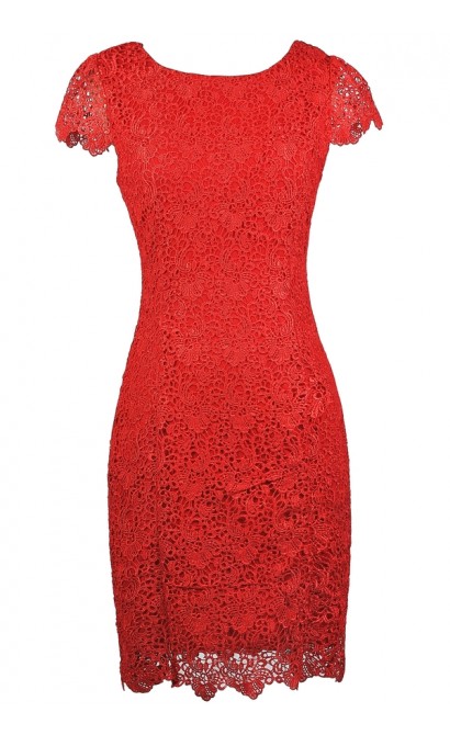 Red Lace Pencil Dress, Red Capsleeve Lace Dress, Red Lace Pencil Dress