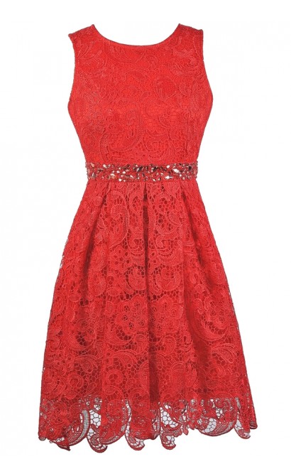 Red Lace A-Line Dress, Red Lace Party Dress, Red Lace Bridesmaid Dress ...