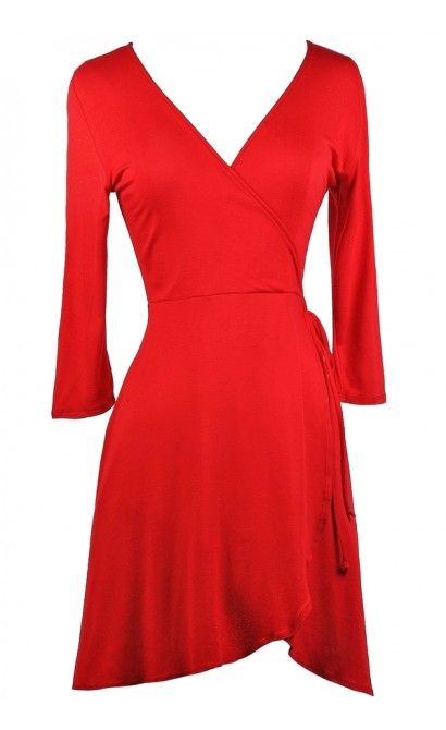 Red Wrap Dress, Cute Red Dress, Red Holiday Dress Lily Boutique