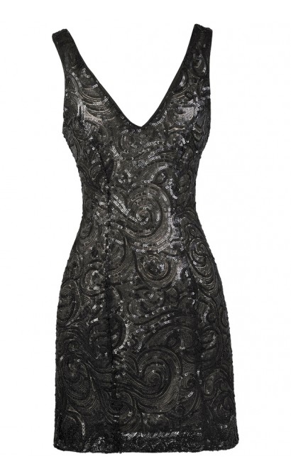 Black Sequin Cocktail Party Dress