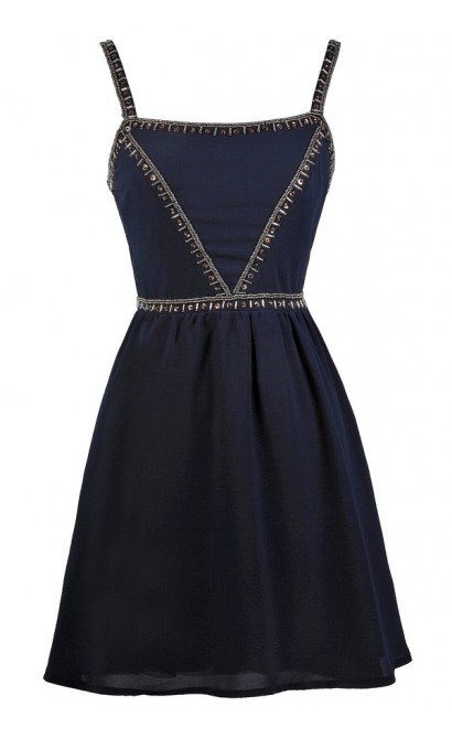 Navy Blue Beaded Embellished Cocktail Party Dress