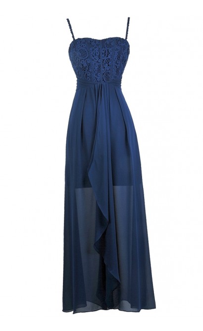 Cute Blue Dress, Blue Maxi Dress, Blue Lace and Chiffon Dress, Blue Bridesmaid Dress